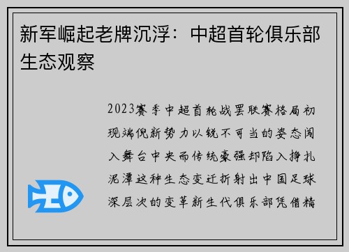 新军崛起老牌沉浮：中超首轮俱乐部生态观察